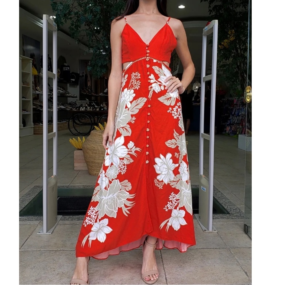 FARM Rio Red Floral Maxi Dress with Cream Accents